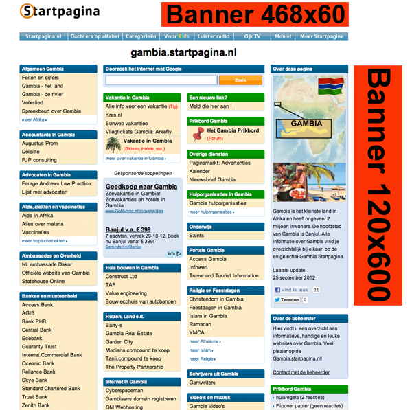 Voorbeeld van de bannerposities op een startpagina.nl.